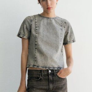 NWT ZARA TRF DENIM TOP LIGHT GRAY